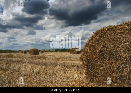 Dunkle stürmische Wolken über dem Farmfeld mit Heuhaufen. Stockfoto