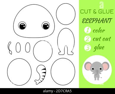 Malbuch schneiden und kleben Baby Elefant. Pädagogische Papier Spiel für Vorschulkinder. Arbeitsblatt ausschneiden und einfügen. Farbe, Schnittteile und Kleber auf Papier.C Stock Vektor