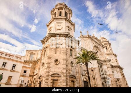 12. März 2020: Cádiz, Spanien - die Nordfassade der Catedral de Santa Cruz, Kathedrale von Cádiz Stockfoto