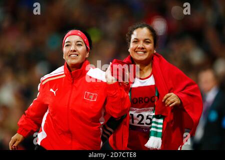 London, Großbritannien. August 2012. (L-R) Laila El Garaa, Najat El Garraa (MAR) Leichtathletik : Frauen Discus Throw F40 Finale während der Paralympischen Spiele in London 2012 im Olympic Park - Olympiastadion in London, Großbritannien . Quelle: AFLO SPORT/Alamy Live News Stockfoto