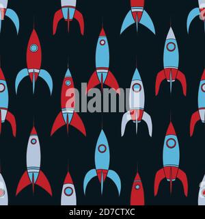 Raketen Doodle nahtlose Muster. Handgezeichneter Hintergrund. Vektorgrafik für Oberflächengestaltung, Druck, Poster, Icon, Web, grafische Designs. Stock Vektor