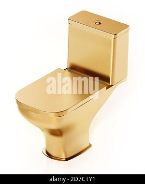 Goldene Toilette isoliert auf weißem Hintergrund. 3D-Illustration. Stockfoto