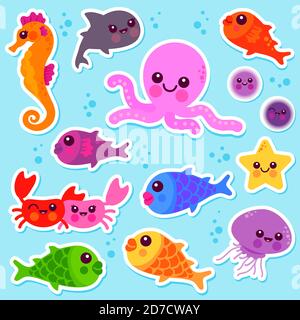 Aufkleber Set mit farbenfrohen Meerestieren und Meerestieren. Niedliche Zeichentrickfilme Unterwasserfische, Krabben, Haie, Oktopus, Seeigel, Seepferd, Quallen, Seesterne. Stockfoto