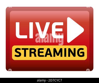 Live-Streaming-Zeichen - rotes Design-Emblem mit Play-Taste für Nachrichten und TV oder Online-Übertragung. Vektorgrafik. Stock Vektor