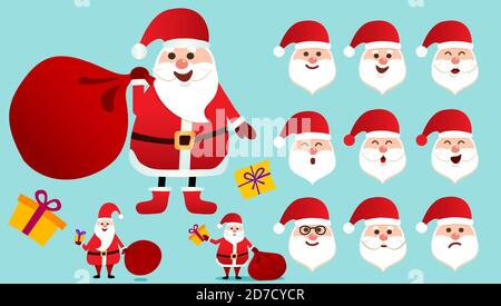 Weihnachtsmann in roten Kleidern. Satz von verschiedenen Emotionen Charakter Santa. Glücklicher alter Mann mit weißem Bart. vektor-Illustration im Cartoon-Stil Stock Vektor