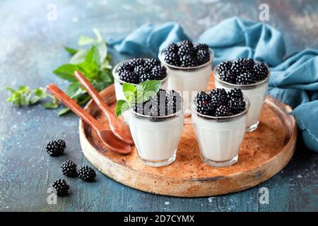 Kokosnuss Panna Cotta mit frischen Brombeeren im Glas, selektiver Fokus Stockfoto