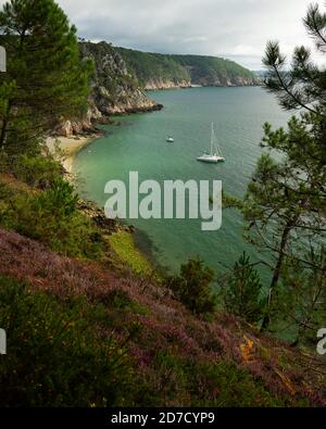 Küste in der Nähe von Cap de la Chevre (Crozon, Bretagne, Frankreich) an einem bewölkten Tag im Sommer Stockfoto