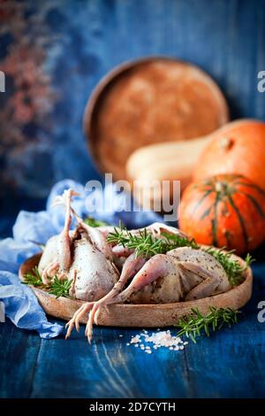 Frische rohe Bio-Fleischquails mit Rosmarin auf einem Teller, selektiver Fokus Stockfoto