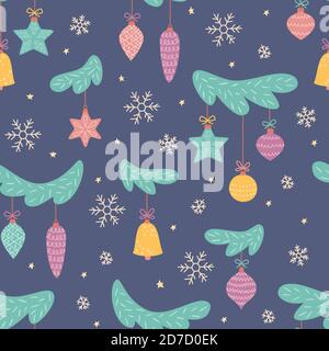 Spielzeug auf Weihnachtsbaum. Neujahrsbälle. Nahtloses Muster für weihnachtliche Dekoration. Stock Vektor
