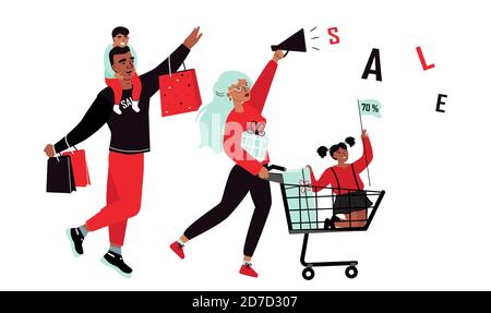 Familieneinkäufe. Illustration zur Verkaufsförderung Stock Vektor