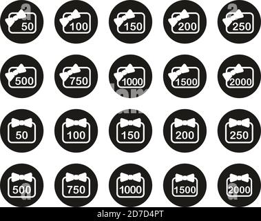 Geschenkkarte Icons Weiß Auf Schwarz Flat Design Kreis Set Groß Stock Vektor