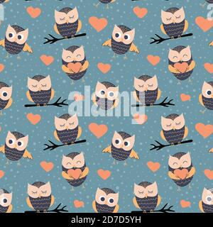 Nahtloses Muster mit niedlichen Cartoon Eulen. Babytextilien-Design. Vektorgrafik. Stock Vektor