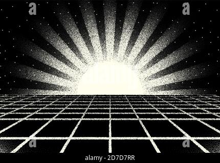Retro-Dotwork-Landschaft mit 80er-Jahre-Stil Sonnenstrahlen, Laser-Gitter und Sterne Hintergrund aus alten Sci-Fi-Buch oder Poster Stock Vektor