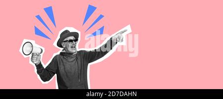 Älterer Mann zeigt mit Megaphon. Collage im Magazin-Stil mit hellem korallenrosa Hintergrund. Flyer mit trendigen Farben, Copyspace für Anzeige. Rabatt, Verkaufssaison, Mode- und Stilkonzept. Stockfoto