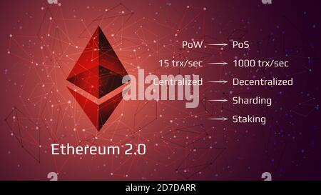 Ethereum 2.0 restart - Kryptowährung Münzsymbol auf abstraktem polygonalem rotem Hintergrund. Neue Richtung nach harter Gabel. Proof-of-Stake POS Consensus, s Stock Vektor