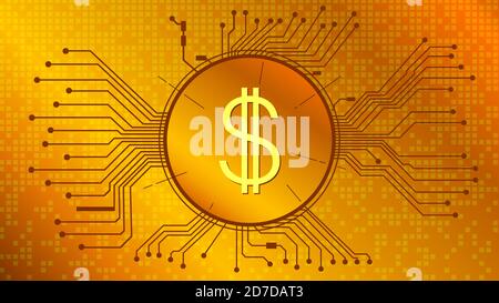 Dollar USD Münzsymbol im Kreis mit Leiterplattenspuren auf goldenem Hintergrund. Symbol für amerikanische Währung. Vektor EPS10. Stock Vektor