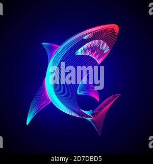 Wütender gefährlicher Hai. Skizzieren Vektor-Illustration von Unterwasserwelt Meerfisch Tier in 3d-Linie Art-Stil auf Neon abstrakten Hintergrund Stock Vektor