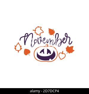 Autumn Lettering Kalligraphie Phrase - Hallo november. Einladungskarte mit handgezeichneter Kürbis im Skizzenstil. Handgemachte Motivation Zitat. Skizze, Vec Stock Vektor