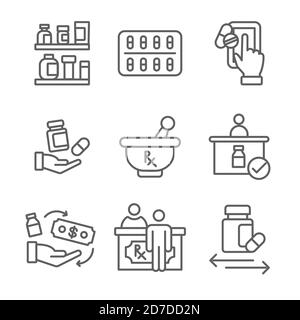Pharmazeutika, Medikation Icon Set mit Mörtel und Stößel, Apotheke, otc Stock Vektor