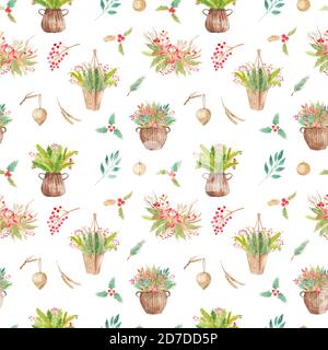 Nahtloses Muster Winter Blumenarrangement auf weißem Hintergrund. Botanische Kollektion von dekorativen Elementen für Weihnachtshochzeits-Einladungen, postc Stockfoto