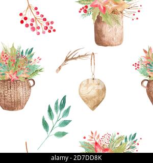 Nahtloses Muster Weidenkorb Zusammensetzung Blumen, Zweige, Blätter, Beeren, Nadeln, immergrün. Blumenelement Winter-Arrangement für Zuhause Interieur Stockfoto