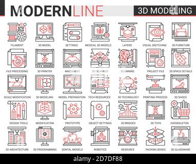 3d-Druck komplexe Konzept Wissenschaft Technologie dünne Linie Web-Icons Vektor-Set. Rot schwarz dünne Linie kreatives Design mit Modellierung moderner Technologie Drucker Ausrüstung Maschinen, zukünftige wissenschaftliche Innovationen Stock Vektor