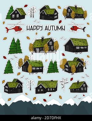 Set aus schwarzen skandinavischen grünlandischen Holzhäusern Aufkleber, Bäume, Wald und Gras auf dem Dach mit weißen Rändern und Happy Autumn Text Stock Vektor