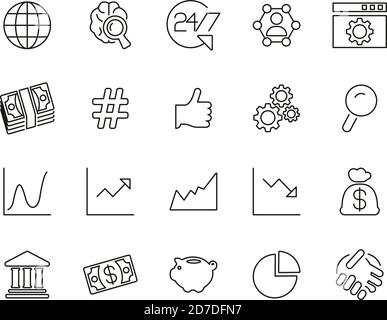 Global Economy Icons Black & White Thin Line Set Big Stock Vektor