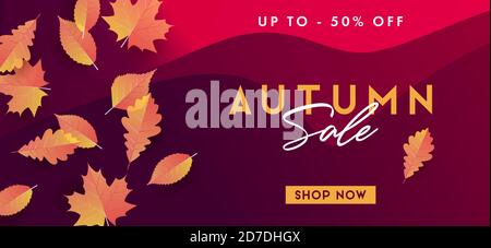 Herbstverkauf Poster mit orange fallende Blätter auf dunkelrotem Hintergrund mit Wellen, Kopie für Rabatt mit Prozent, Typografie Komposition Stock Vektor