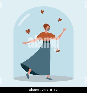 Bleiben Sie während der Quarantäne zu Hause und halten Sie eine soziale Distanz. Versuchen Sie, die geistige Gesundheit zu erhalten und ruhig allein zu sein. Tanzen und das Leben genießen. Stock Vektor