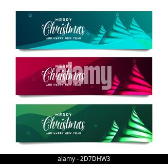 Set von Karten oder Plakaten für frohe Weihnachten und glücklich Neujahr Gruß mit stilisierten Band Weihnachtsbaum mit Stern Und Kalligraphie Unterschrift Stock Vektor