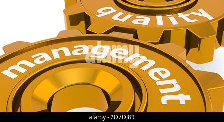 Qualitätsmanagement Wort auf goldenen Zahnrädern, 3d-Rendering Stockfoto