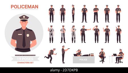 Polizist Posen Vektor Illustration Set. Cartoon Polizist Mann Charakter im Büro oder auf der Straße, Polizist Person trägt Uniform posiert in der Arbeit oder Ruhe Körperhaltungen Sammlung auf weiß isoliert Stock Vektor