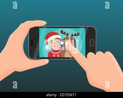 Abspielen eines weihnachtsvideos mit einem Smartphone. Die Preload-Aufnahme zeigt ein süßes Mädchen mit seinem Hund. Das Mädchen trägt einen Weihnachtsmann Hut und den Hund wea Stock Vektor