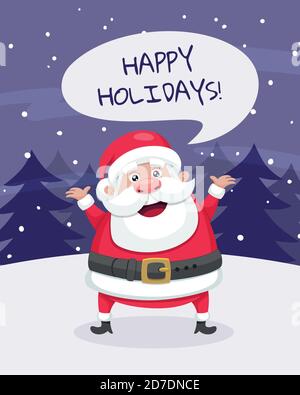 Weihnachtskarte. Santa Claus Illustration im Cartoon-Stil und Winter Bäume Hintergrund. Vektorgrafik. Stock Vektor