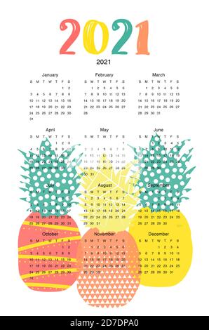 Kalender 2021-Vorlage. Wandposter vertikal mit abstrakten Ananas. Hochwertige Fotos. Stockfoto