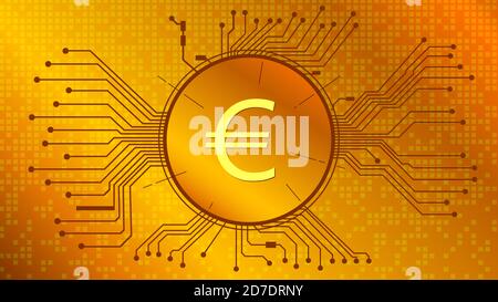 Euro EUR Münzsymbol im Kreis mit Leiterbahnen auf goldenem Hintergrund. Währungssymbol der Europäischen Union. Stockfoto