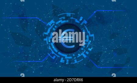 Euro-Euro-Münzsymbol im Kreis mit digitalem Thema auf blauem Hintergrund. Währungssymbol der Europäischen Union für Website oder Banner. Speicherplatz kopieren. Stockfoto