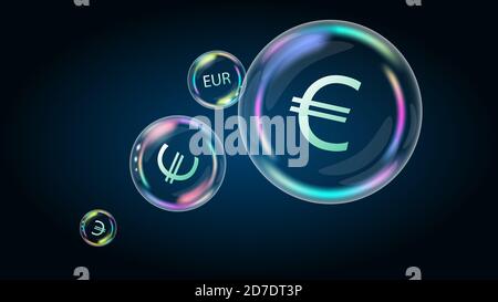 Euro-Euro-Münzsymbol in Seifenblase. Die US-Wirtschaft ist aufgeblasen und platzt. Die finanzielle Pyramide wird zerstört. Stockfoto