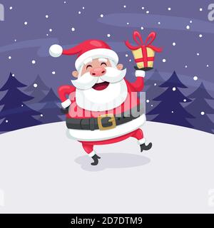 Weihnachtskarte. Der Weihnachtsmann tanzt im Schnee und hält ein Geschenk. Vektorgrafik. Stock Vektor