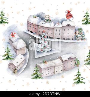 Frohe Weihnachten auf dem Stadtplatz rund um den weihnachtsmann und Baum unter dem Schnee. Skandinavischer Cartoon Santa auf dem Dach. Handgezeichnete Winter isolierte Illustration Stockfoto