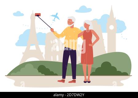 Vektor-Illustration für ältere Reisende. Cartoon ältere Familie touristischen Figuren reisen, glücklich aktive alte Reisende Großeltern genießen Tour in Europa, Tourismus-Aktivität isoliert auf weiß Stock Vektor