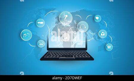 Digital Network Connections, Technology Background - Cloud Computing Design Concept with Laptop Computer, Icons and World Map Stock Vektor