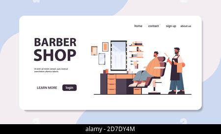 Stilvolle Friseur schneiden Haare des Kunden männlichen Friseur in Uniform Trendige Frisur Barbershop Konzept volle Länge horizontale Kopie Raum Vektor Abbildung Stock Vektor