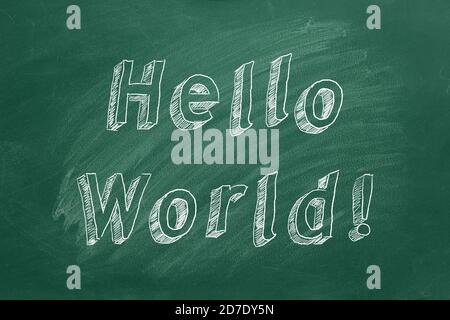 Handzeichnung Text 'Hello World !' Auf grüner Tafel Stockfoto