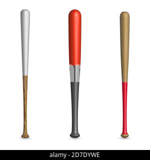 Set von verschiedenen Holz-und Kunststoff-Baseball-Fledermäuse isoliert auf einem weißen Hintergrund. Vorderansicht, Vektorgrafik. Stock Vektor