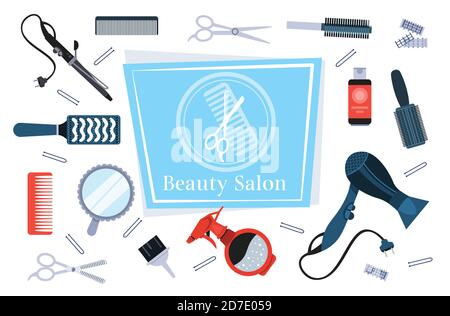 Set Friseur Werkzeuge und Zubehör Kollektion Beauty Salon Konzept horizontal vektorgrafik Stock Vektor