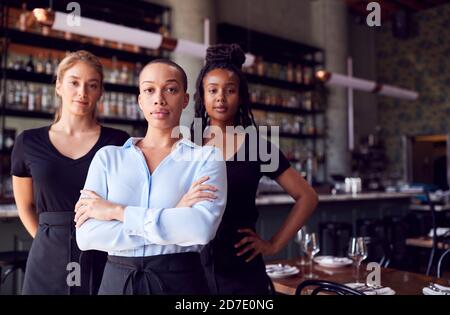 Portrait Der Besitzerin Des Restaurants Bar Mit Team Von Wartungspersonal Steht An Der Theke Stockfoto