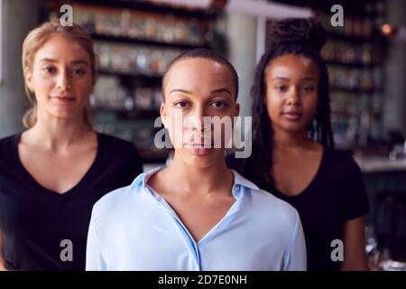 Portrait Der Besitzerin Des Restaurants Bar Mit Team Von Wartungspersonal Steht An Der Theke Stockfoto