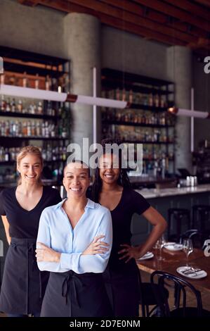 Portrait Der Besitzerin Des Restaurants Bar Mit Team Von Wartungspersonal Steht An Der Theke Stockfoto